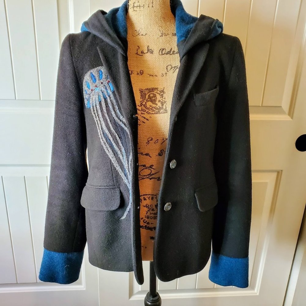 Bella Sisters LARGE  Unique Black Wool Hooded Jacket Blazer